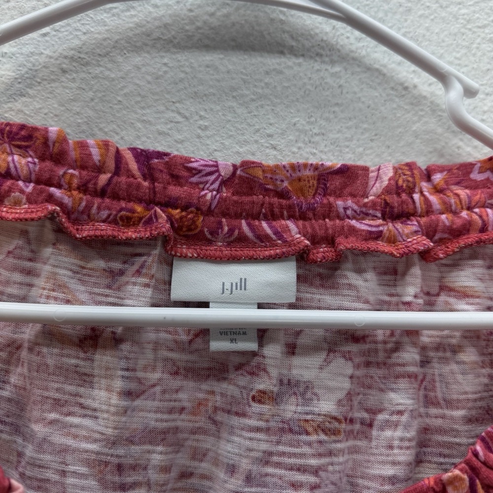 J.Jill XL Floral Top Scoop Neck Red Cotton Modal Pullover Pleated Long Sleeves - Picture 2 of 5